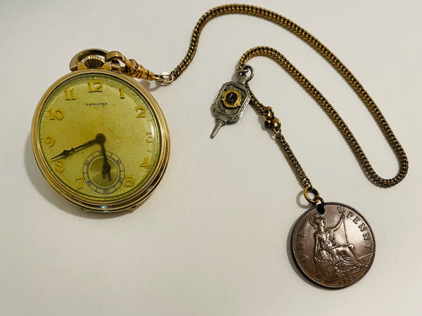 One Penny Coin Circa 1928 Lions Club Insignia Chain Pocket Watch Fob