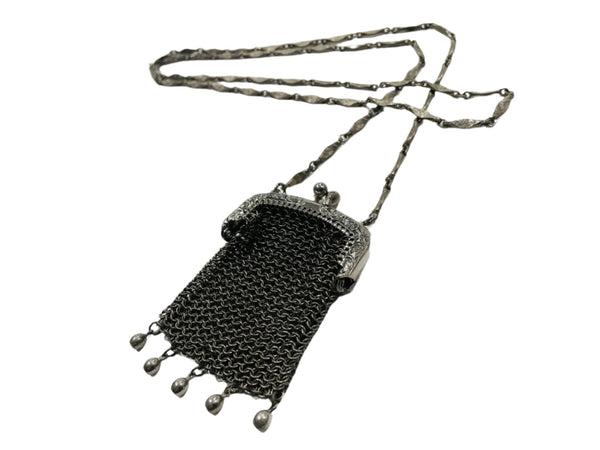 Silver Mesh Purse Pendant Victorian Style Chain Necklace