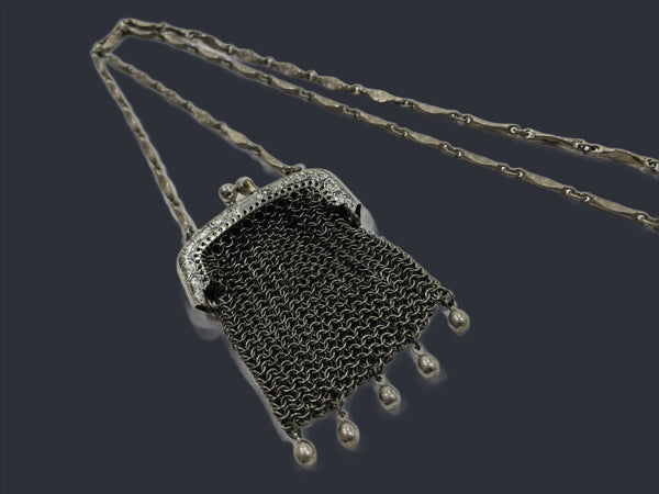 Silver Mesh Purse Pendant Victorian Style Chain Necklace
