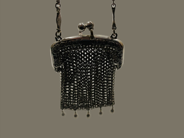 Silver Mesh Purse Pendant Victorian Style Chain Necklace