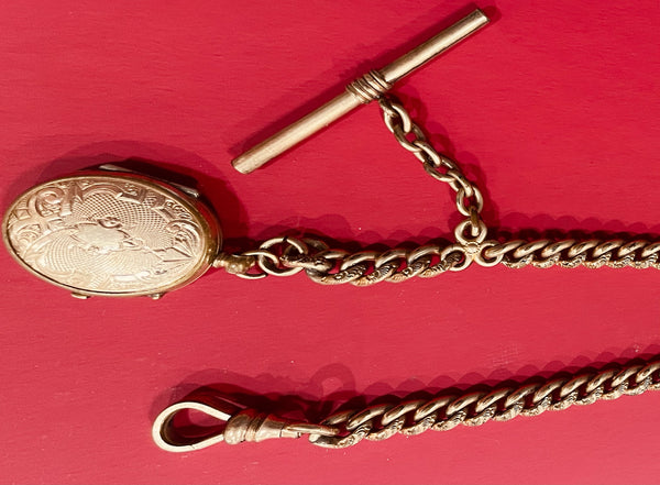 A Gold Plated Link Chain Victorian Crested Locket Watch Fob