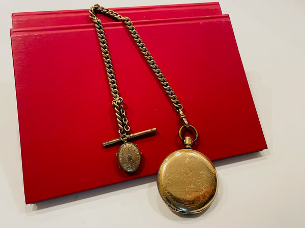 A Gold Plated Link Chain Victorian Crested Locket Watch Fob