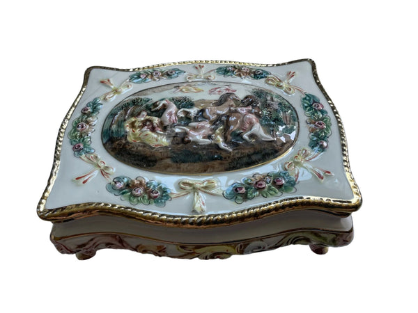 R Capodimonte Italy Porcelain Box Majolica Cherubs Hand Painted Figurative