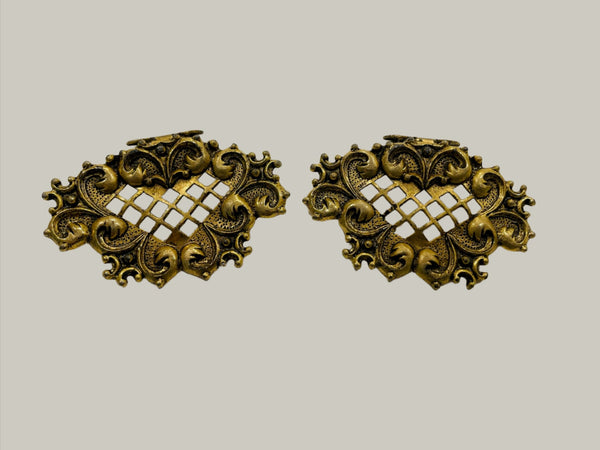 Brass Filigree Paired Clips Marked MUSI Copyrighted Patented