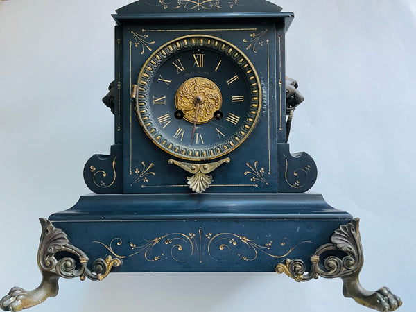 Antique Monumental Black Marble Mantle Clock Bronze Cameo Lions