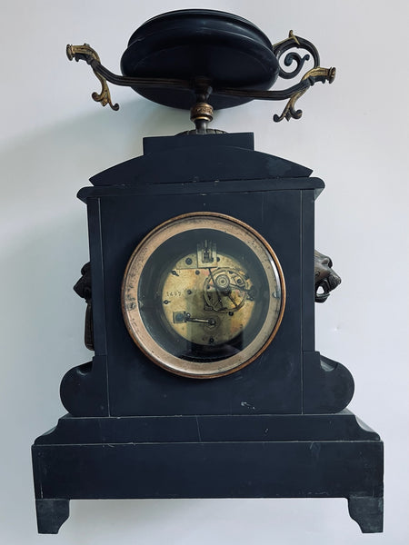 Antique Monumental Black Marble Mantle Clock Bronze Cameo Lions