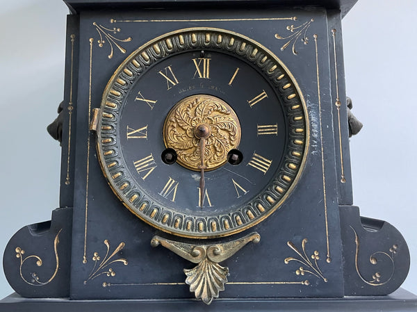 Antique Monumental Black Marble Mantle Clock Bronze Cameo Lions