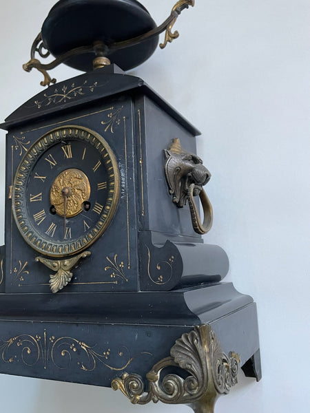 Antique Monumental Black Marble Mantle Clock Bronze Cameo Lions