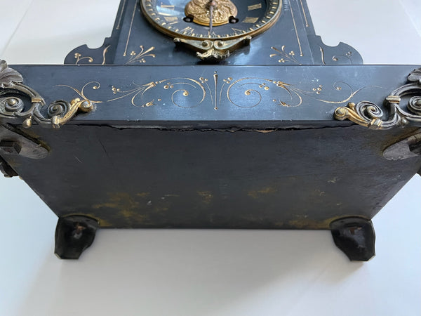 Antique Monumental Black Marble Mantle Clock Bronze Cameo Lions