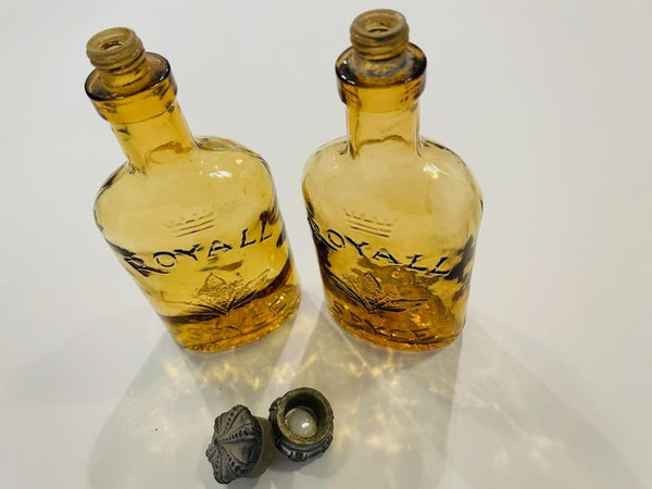 Royall Spyce Golden Glass Bottles Crowned Metal Stoppers Made In England