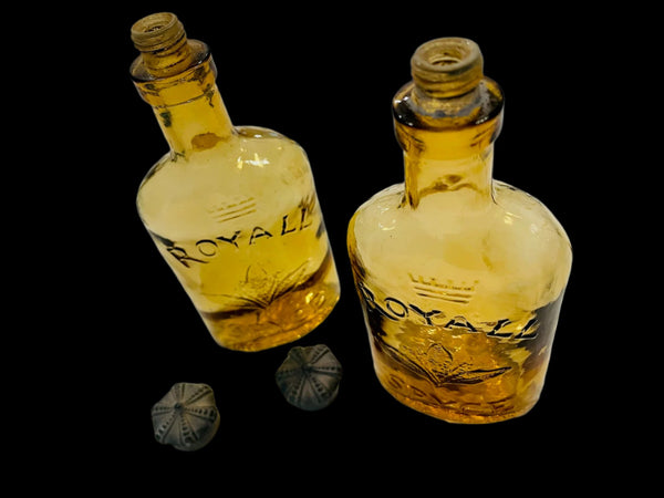 Royall Spyce Golden Glass Bottles Crowned Metal Stoppers Made In England