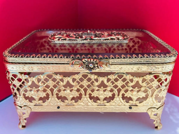 Matson Brass Jewelry Box Beveled Glass Flip Top Filigree Footed