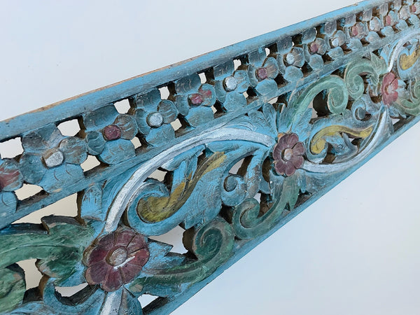 Architectural Folk Art Tribal Hand Painted Silver Scrolled Floral Carved Panel