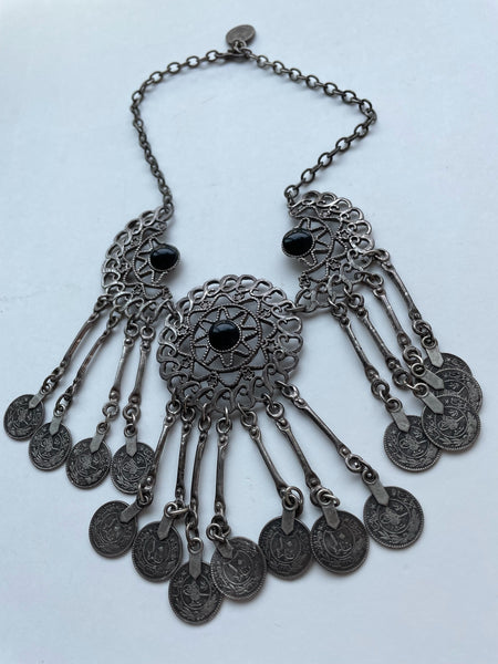 Mid Eastern Style Filigree Black Cabochons Coin Statement Bib Necklace