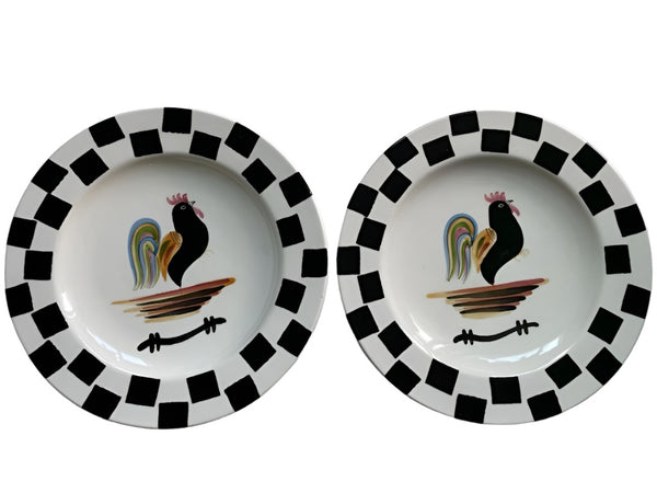 Pair of Los Angeles Rooster Checkered Plates By Laurie Gates Pottery