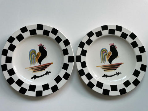 Pair of Los Angeles Rooster Checkered Plates By Laurie Gates Pottery