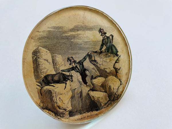 Chamois Hunting Art Deco Scripted Reverse Glass Catching The Goat