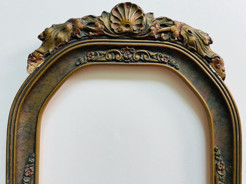 Antique Shell Crest Picture Frame Floral Gilt Convex Glass 