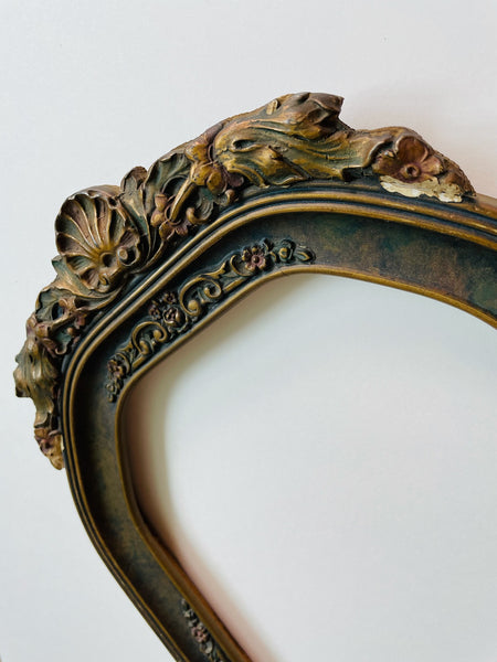 Antique Shell Crest Picture Frame Floral Gilt Convex Glass