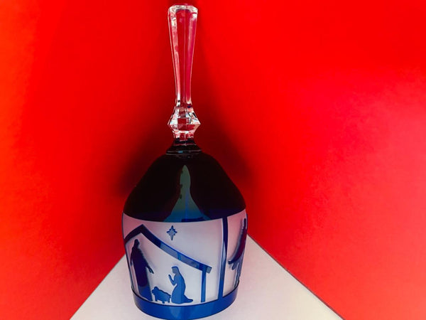 Hand Cut Nativity Cobalt Frost Glass Bell Mid Century Limited Edition