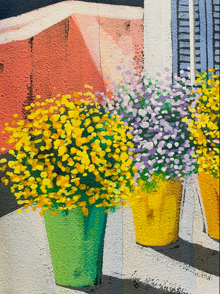Contemporary Figurative Courtyard Expressionist Signed Gouache On Paper