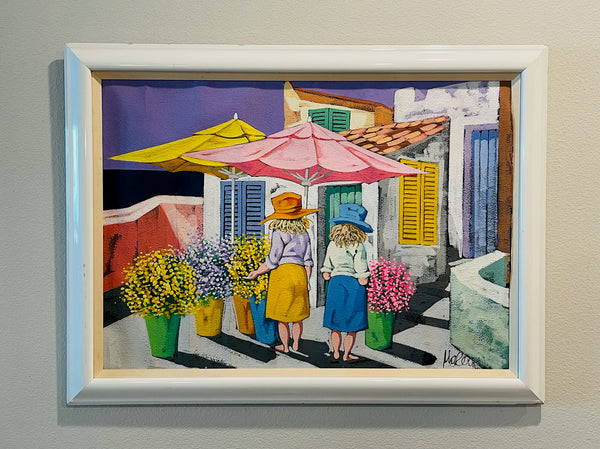 Contemporary Figurative Courtyard Expressionist Signed Gouache On Paper