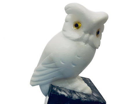 Alabaster White Owl Folk Art Statue On Black Marble Stand
