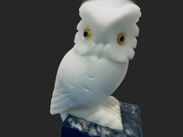 Alabaster White Owl Folk Art Statue On Black Marble Stand