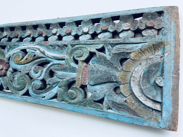 Architectural Folk Art Tribal Hand Painted Silver Scrolled Floral Carved Panel