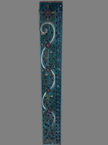 Architectural Folk Art Tribal Hand Painted Silver Scrolled Floral Carved Panel