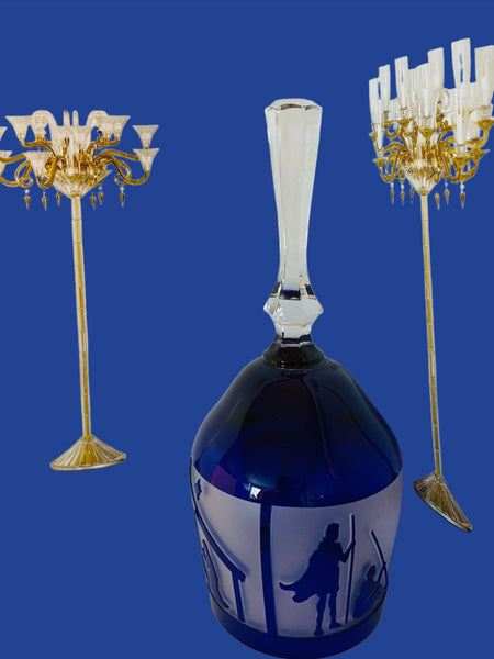 Hand Cut Nativity Cobalt Frost Glass Bell Mid Century Limited Edition