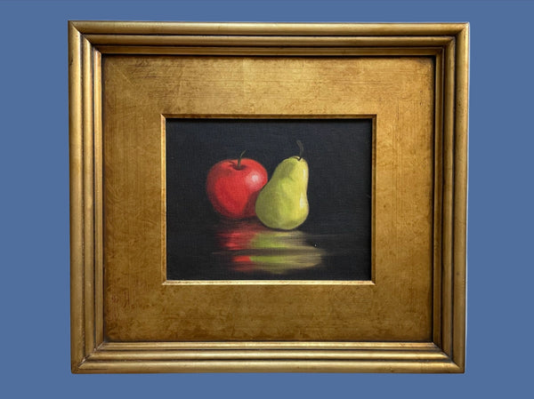 Apple Pear Still Life Folk Art Oil On Canvas Contemporary Gilt Frame