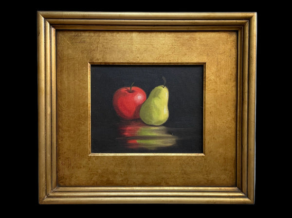 Apple Pear Still Life Folk Art Oil On Canvas Contemporary Gilt Frame