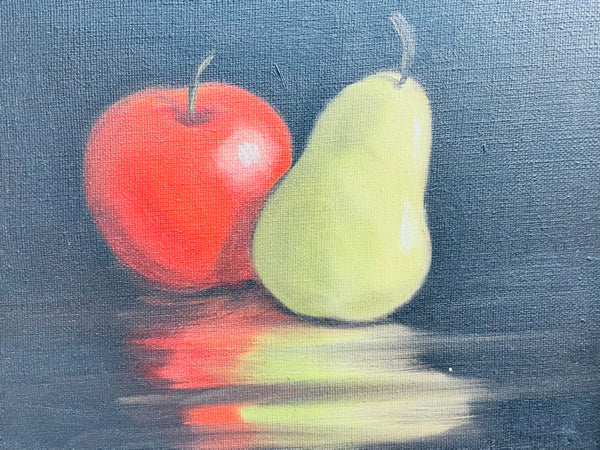 Apple Pear Still Life Folk Art Oil On Canvas Contemporary Gilt Frame