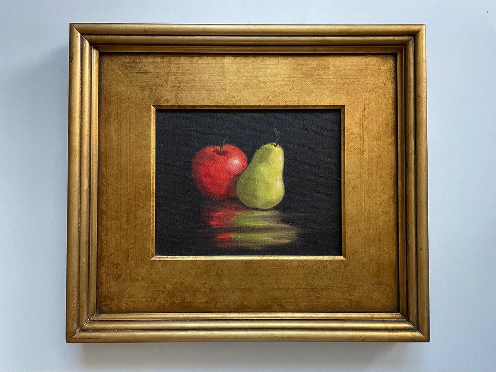 Still Life Red Apple Green Pear Oil On Canvas Contemporary Gilt Frame