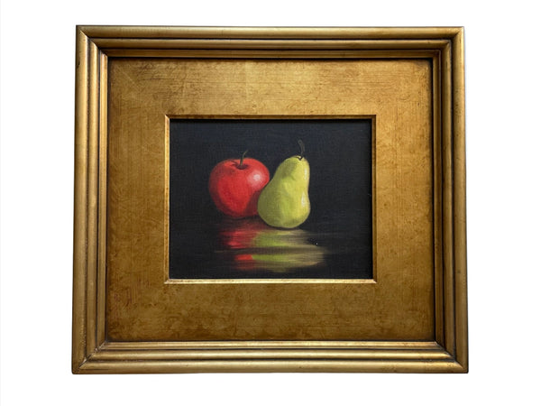 Still Life Red Apple Green Pear Oil On Canvas Contemporary Gilt Frame