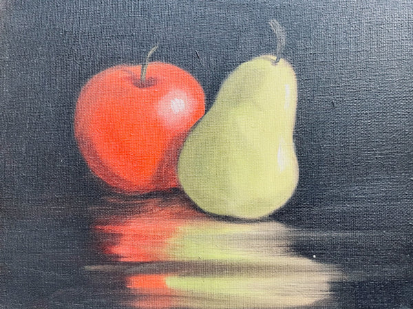 Apple Pear Still Life Folk Art Oil On Canvas Contemporary Gilt Frame