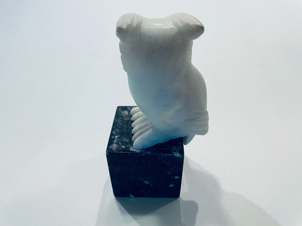 Alabaster White Owl Folk Art Statue On Black Marble Stand