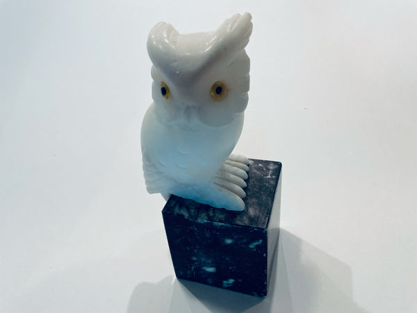 Alabaster White Owl Folk Art Statue On Black Marble Stand