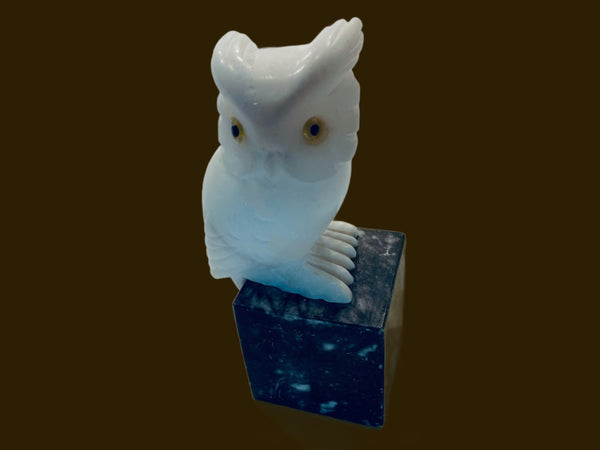 Alabaster White Owl Folk Art Statue On Black Marble Stand