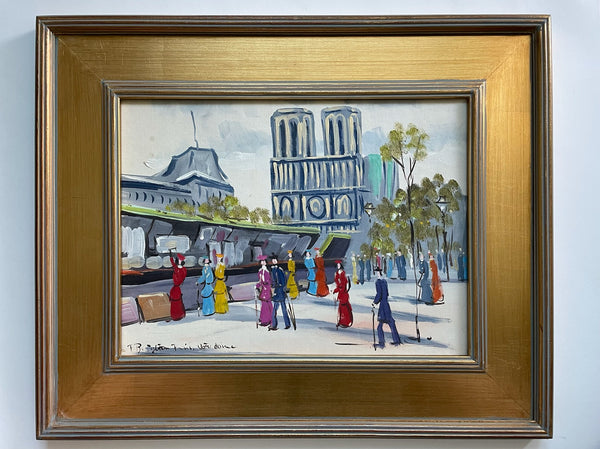 F Brighton Street View Signed Oil On Canvas Board Titled Paris Notre Dame