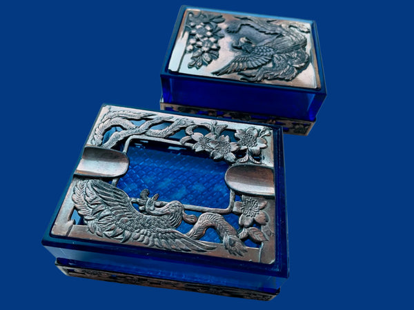 Silver Plate Cobalt Glass Japan Floral Birds Ten Pieces Tobacco Tray Set