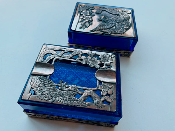Silver Plate Cobalt Glass Japan Floral Birds Ten Pieces Tobacco Tray Set
