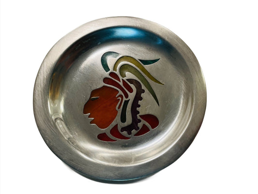 Taxco Mexico Los Castillo Aztec Silver Plate On Stand Insignia Native Glass Portrait 
