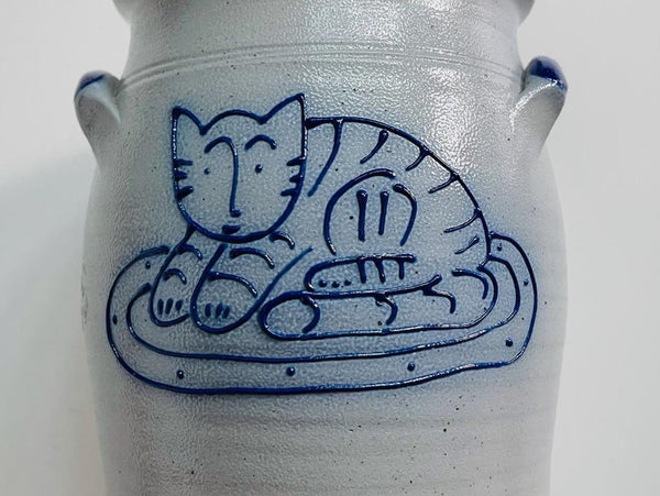 Cobalt Folk Art Blue Enameled Cat Stoneware Salt Glaze Pot Signed Edith