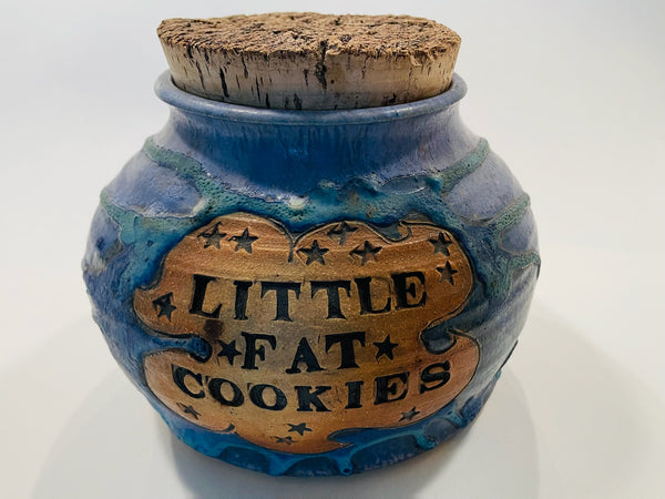 Little Fat Cookies Cork Lid Blue Stone Ground Artist Signed Ceramic Jar