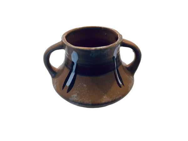 Caramel Ceramic Pot Two Handles Hand Painted White Accent Made In Japan