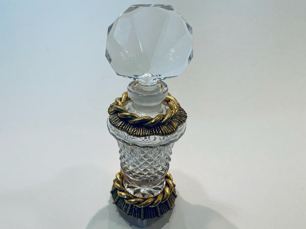 Mid Century Crystal Top Perfume Decanter Brass Weave Accent