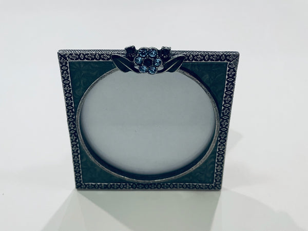 AXC Pewter Enameled Photo Frame Blue Glass Flower Crest