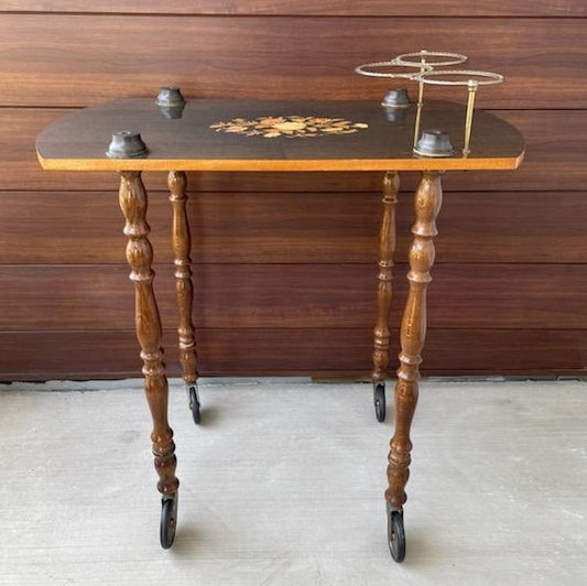 Italian Rolling Cart Mid Century Inlaid Floral Marquetry Brass Bottle Holds